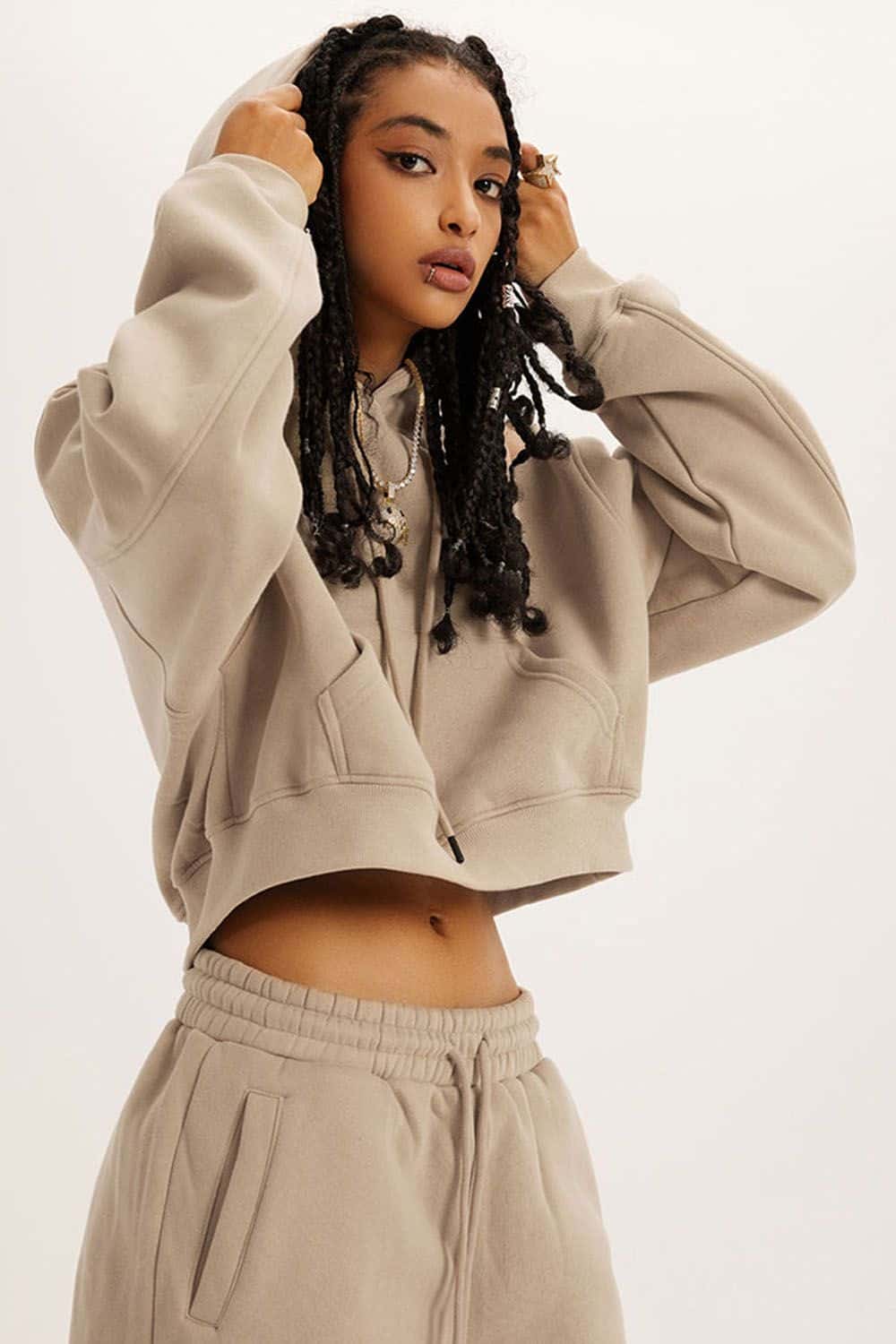 Retro Hooded Pullover Sweatshirt - Fleece-Lined Cropped Hoodie