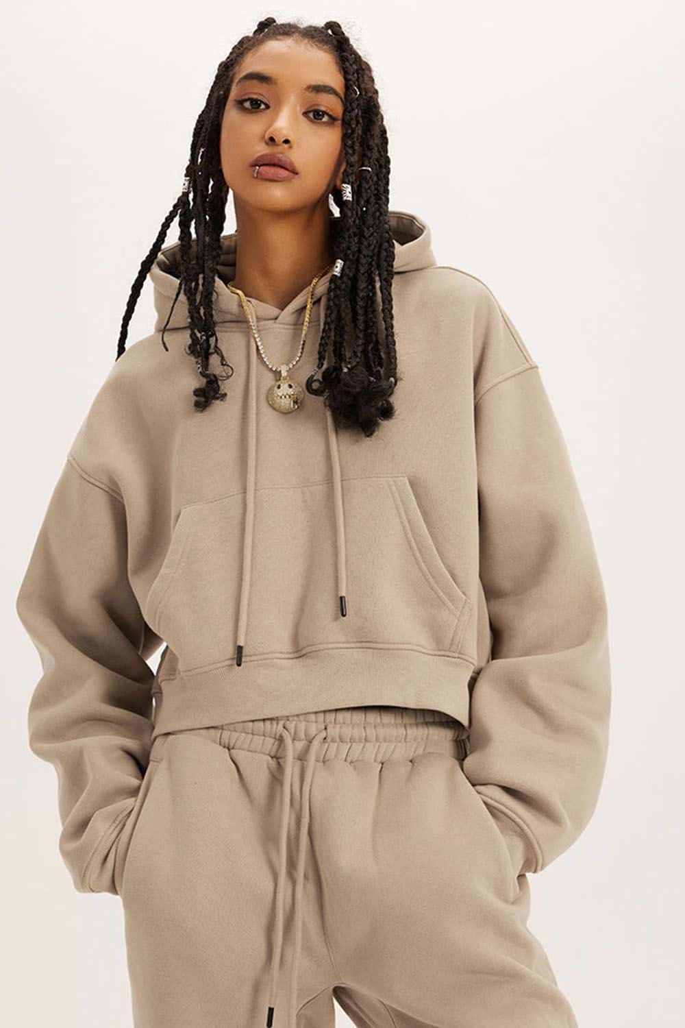 Retro Hooded Pullover Sweatshirt - Fleece-Lined Cropped Hoodie