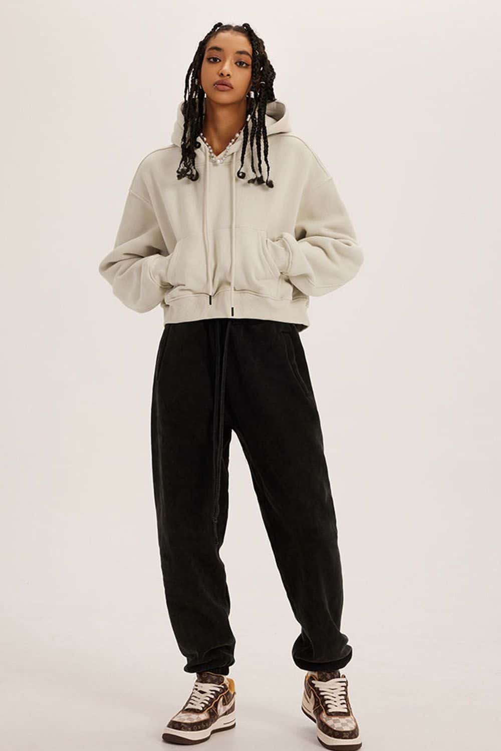 Retro Hooded Pullover Sweatshirt - Fleece-Lined Cropped Hoodie