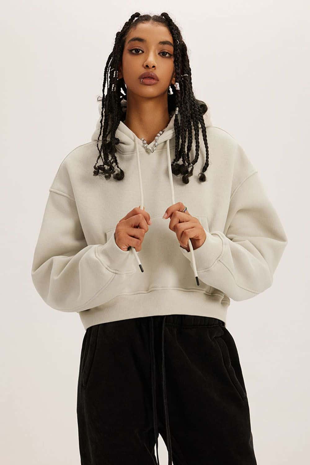 Retro Hooded Pullover Sweatshirt - Fleece-Lined Cropped Hoodie