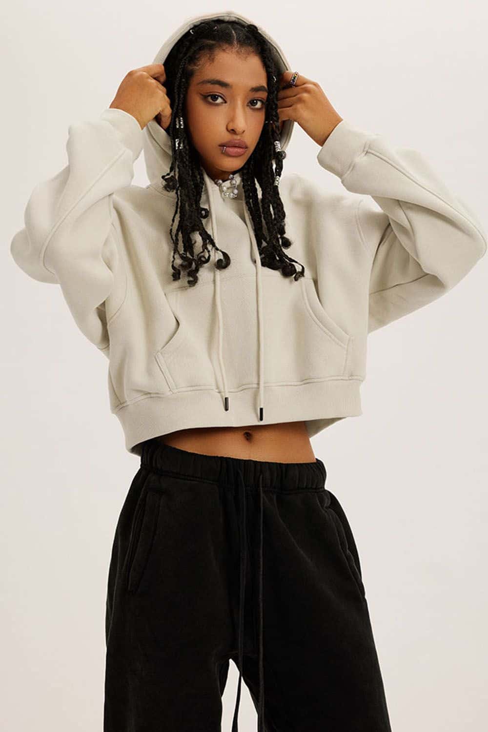 Retro Hooded Pullover Sweatshirt - Fleece-Lined Cropped Hoodie