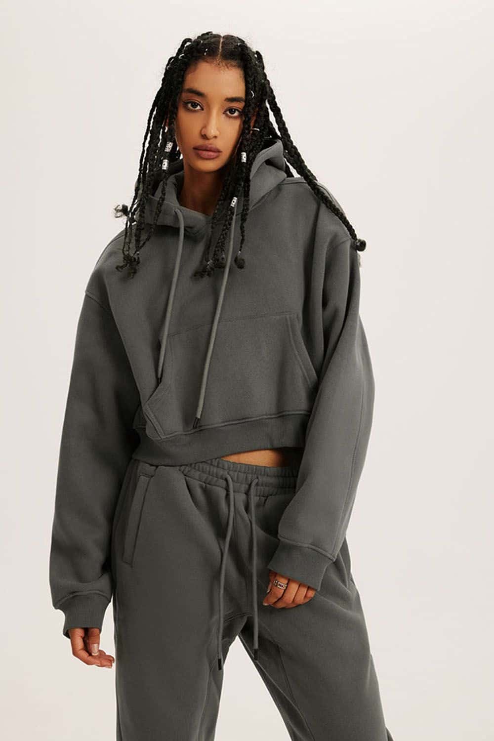 Retro Hooded Pullover Sweatshirt - Fleece-Lined Cropped Hoodie