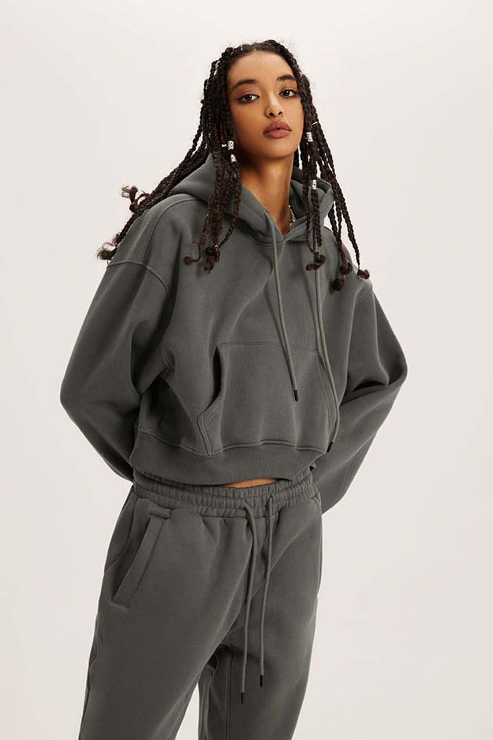 Retro Hooded Pullover Sweatshirt - Fleece-Lined Cropped Hoodie