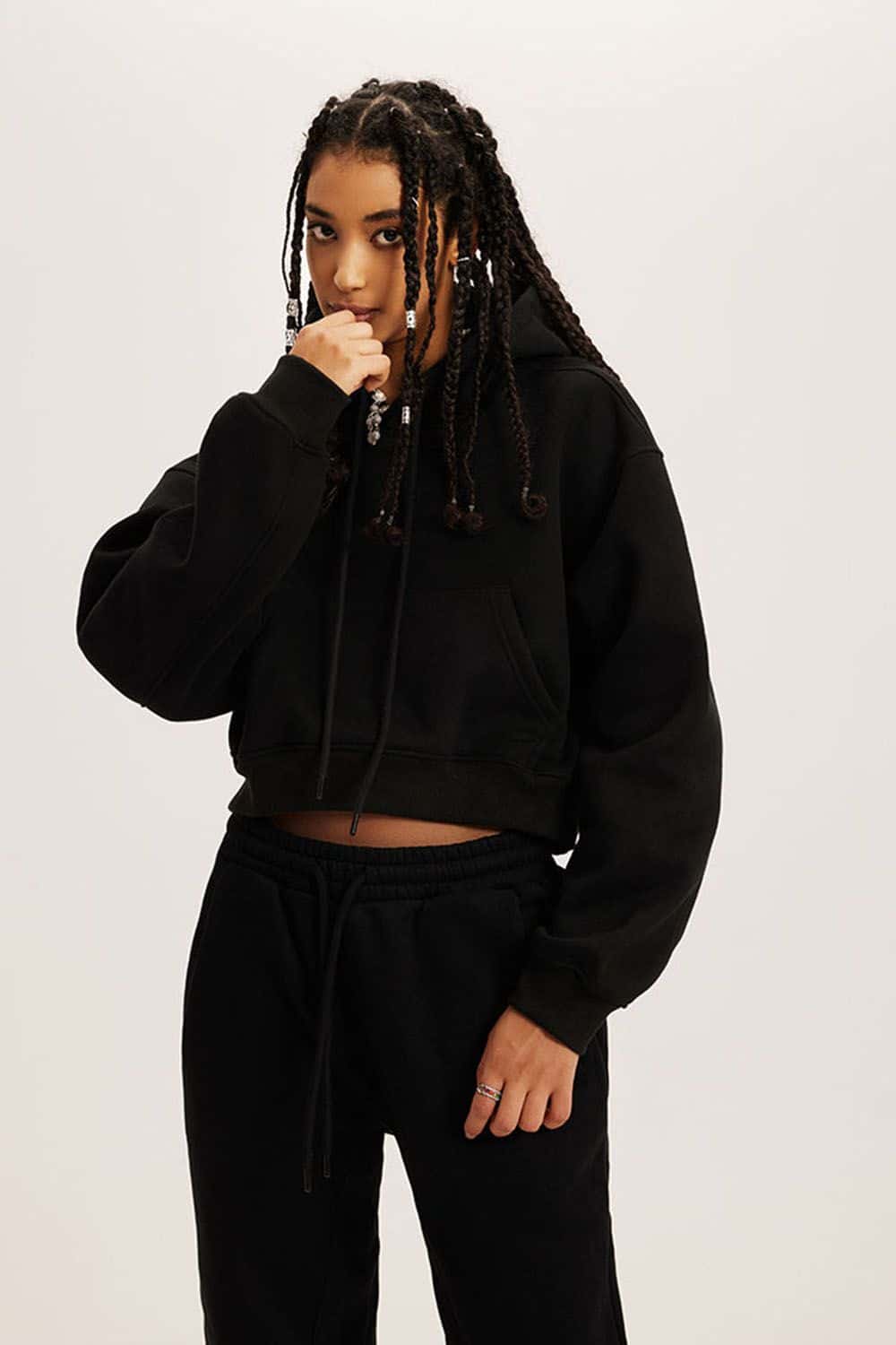 Retro Hooded Pullover Sweatshirt - Fleece-Lined Cropped Hoodie