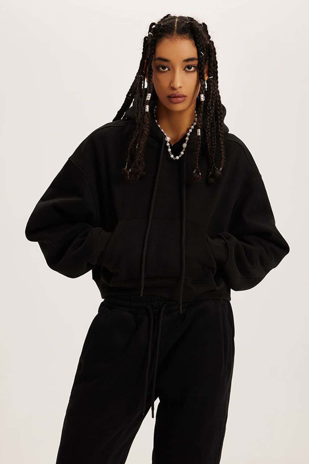 Retro Hooded Pullover Sweatshirt - Fleece-Lined Cropped Hoodie