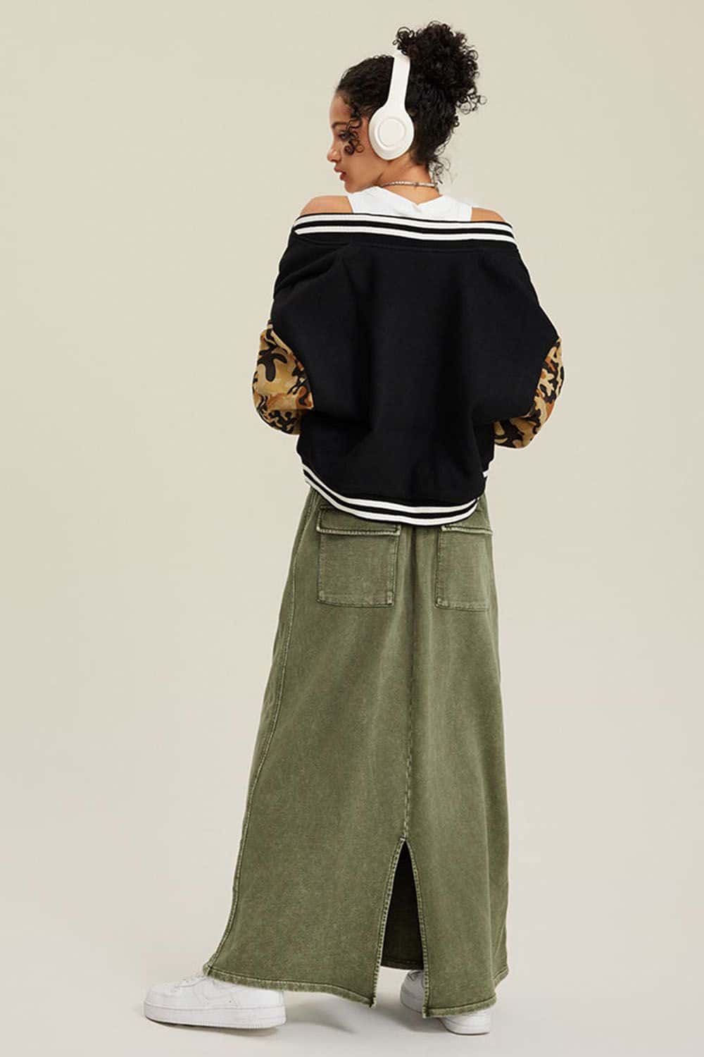 Loose Fit Varsity Jacket - Women's Camo Sleeve Baseball Cardigan