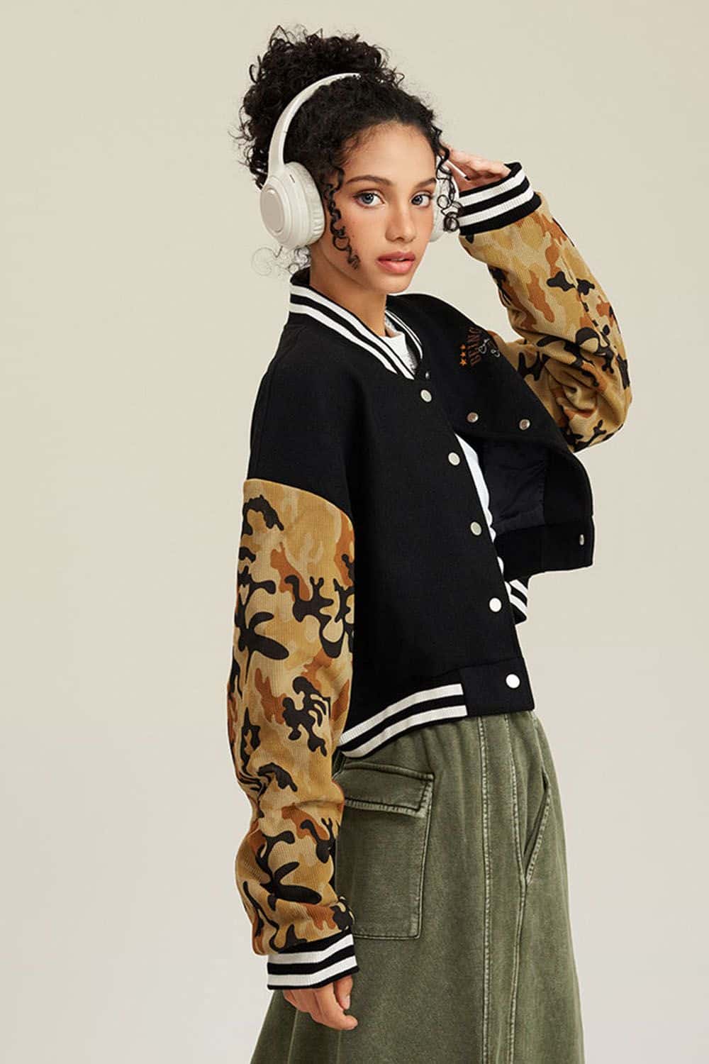 Loose Fit Varsity Jacket - Women's Camo Sleeve Baseball Cardigan