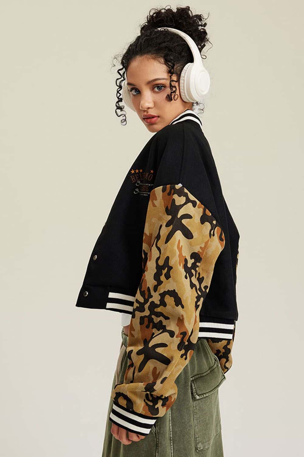 Loose Fit Varsity Jacket - Women's Camo Sleeve Baseball Cardigan