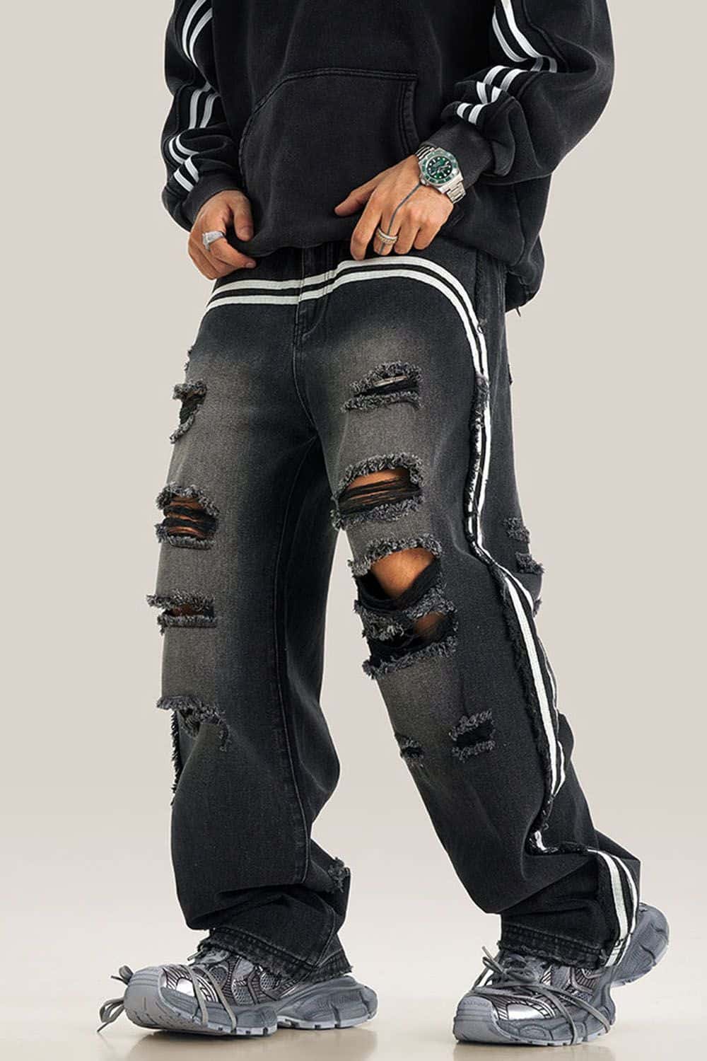 Distressed Wide-Leg Jeans with Sporty Side Stripes - Vintage Streetwear Essential