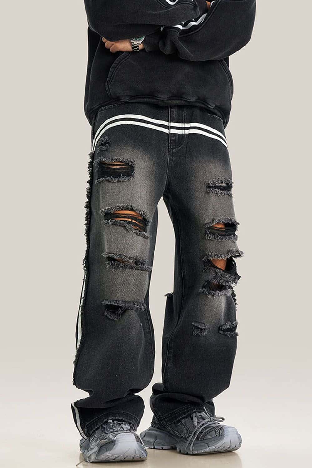 Distressed Wide-Leg Jeans with Sporty Side Stripes - Vintage Streetwear Essential