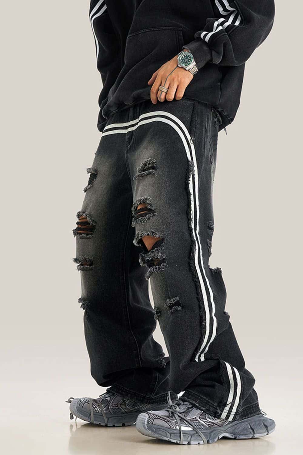 Distressed Wide-Leg Jeans with Sporty Side Stripes - Vintage Streetwear Essential