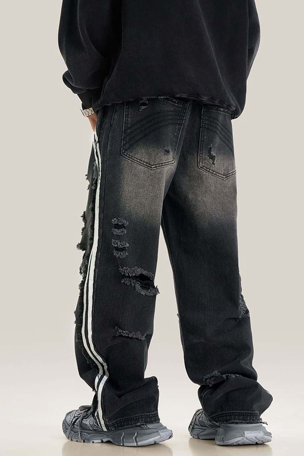 Distressed Wide-Leg Jeans with Sporty Side Stripes - Vintage Streetwear Essential