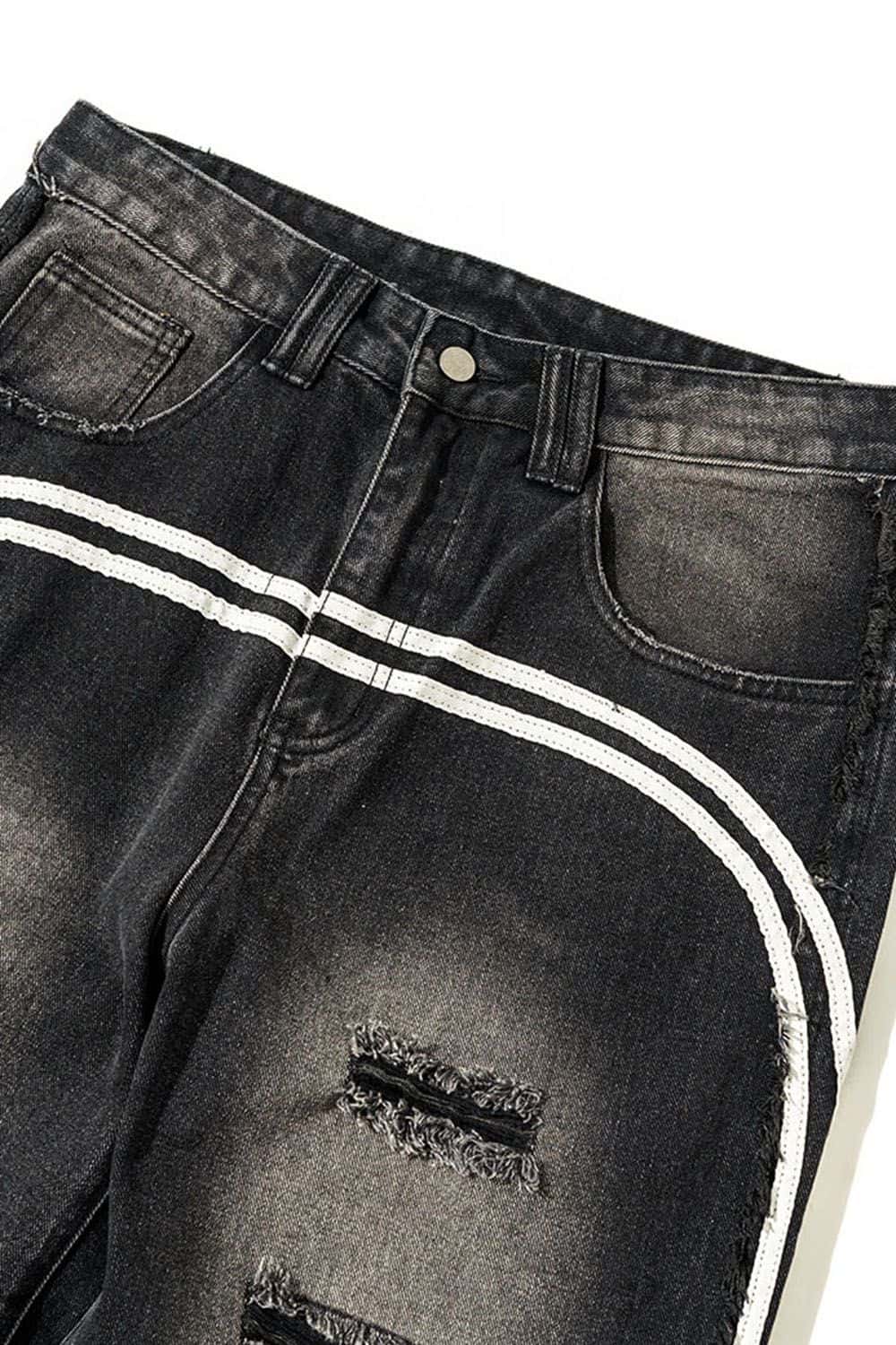 Distressed Wide-Leg Jeans with Sporty Side Stripes - Vintage Streetwear Essential