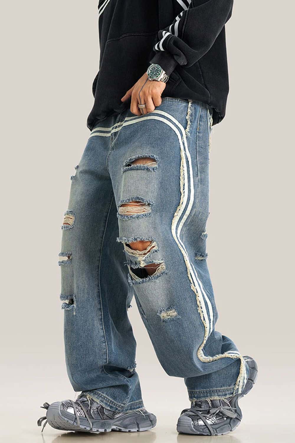 Distressed Wide-Leg Jeans with Sporty Side Stripes - Vintage Streetwear Essential