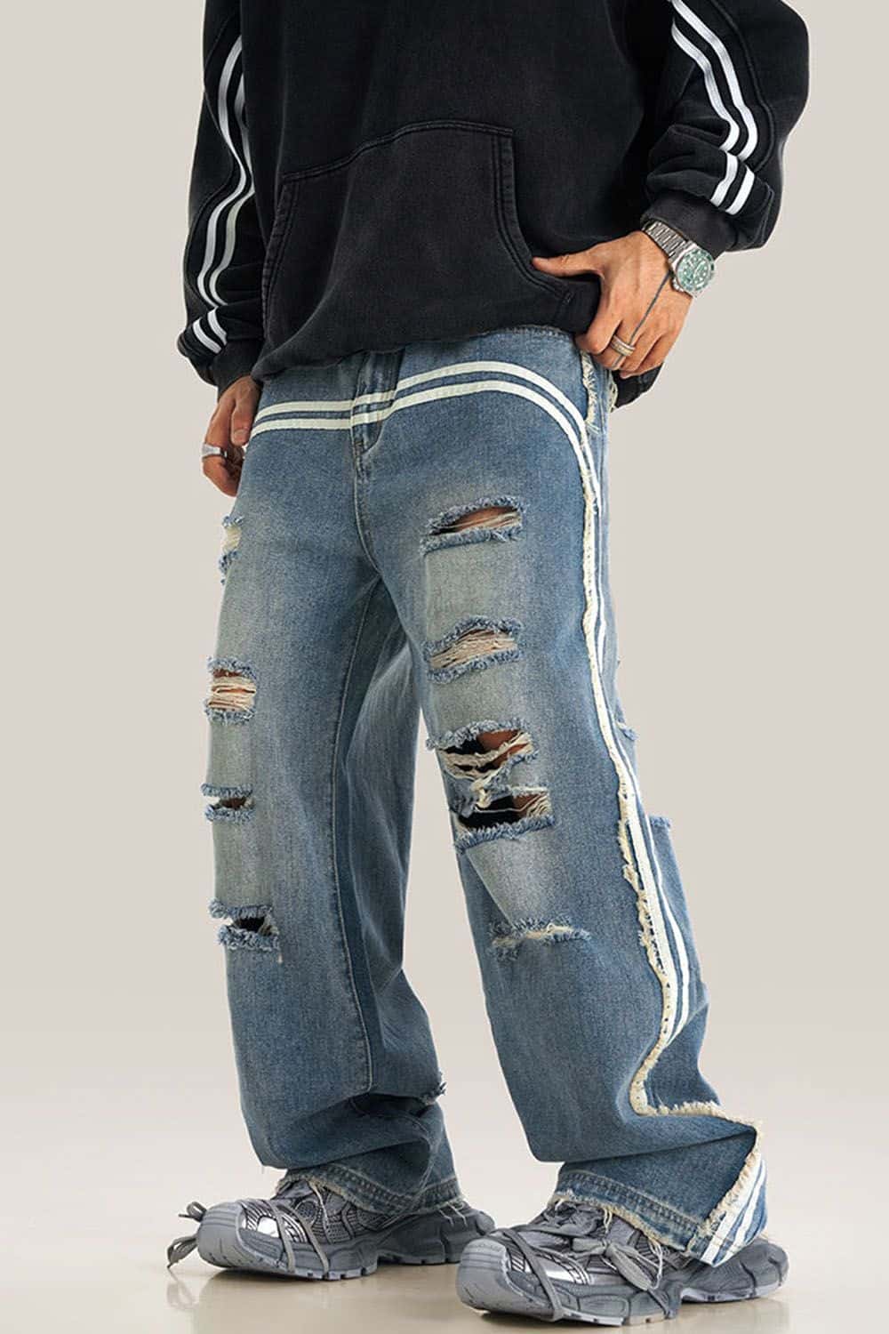 Distressed Wide-Leg Jeans with Sporty Side Stripes - Vintage Streetwear Essential