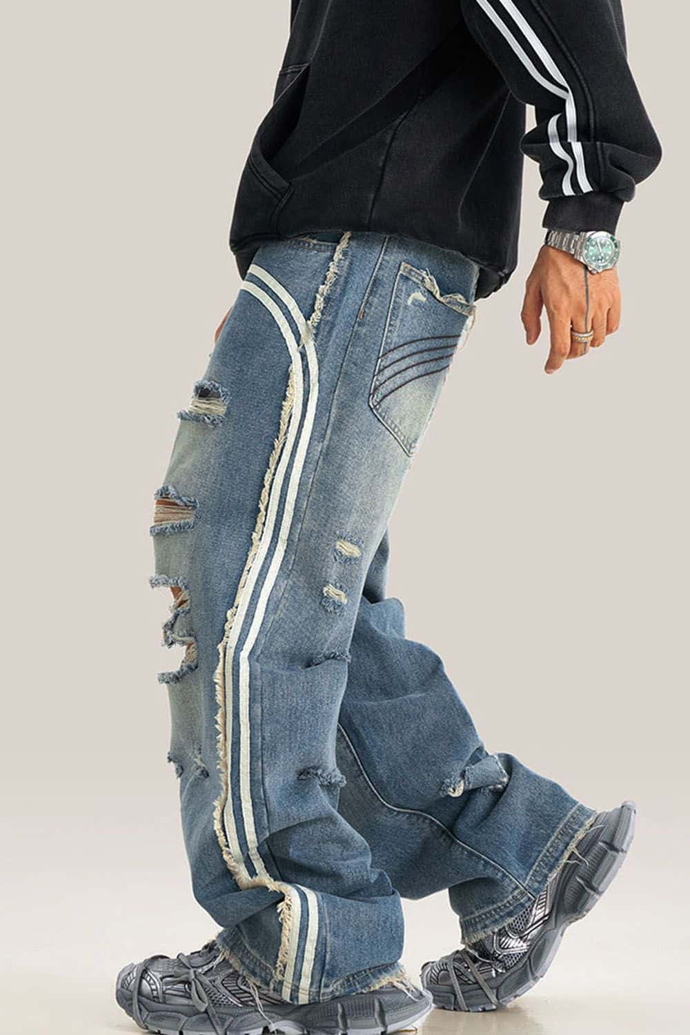 Distressed Wide-Leg Jeans with Sporty Side Stripes - Vintage Streetwear Essential
