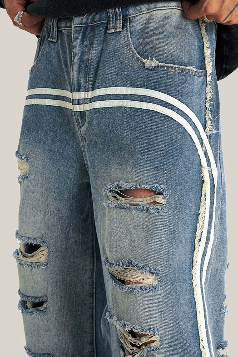 Distressed Wide-Leg Jeans with Sporty Side Stripes - Vintage Streetwear Essential
