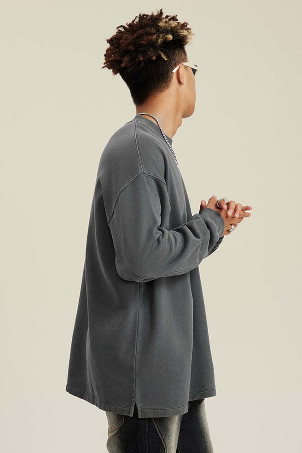 460G Heavyweight Washed Long-Sleeve T-Shirt with Split Hem