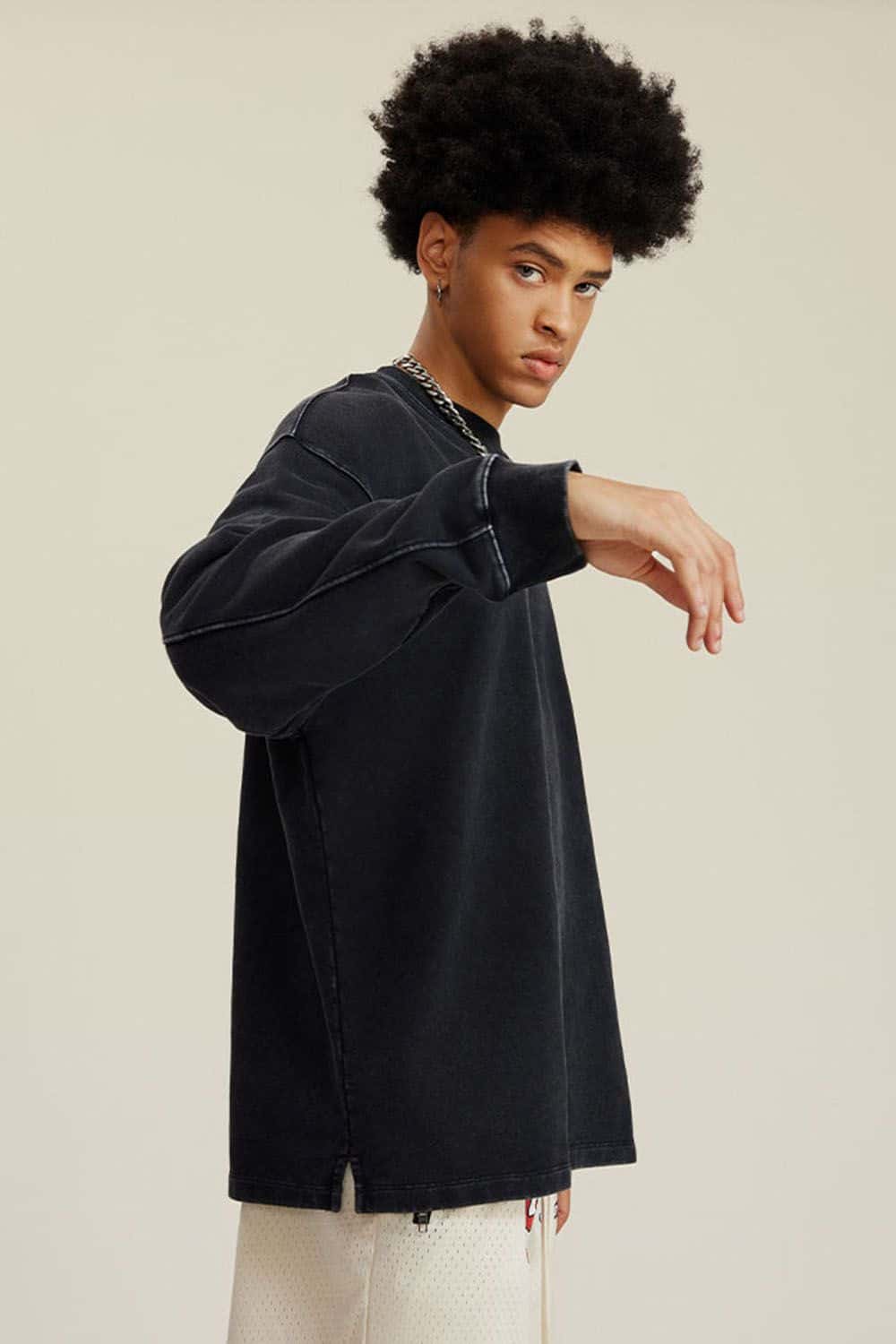 460G Heavyweight Washed Long-Sleeve T-Shirt with Split Hem