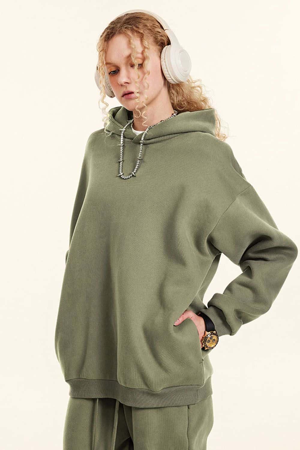 Loose Fleece-Lined Sports Hoodie with Invisible Zipper