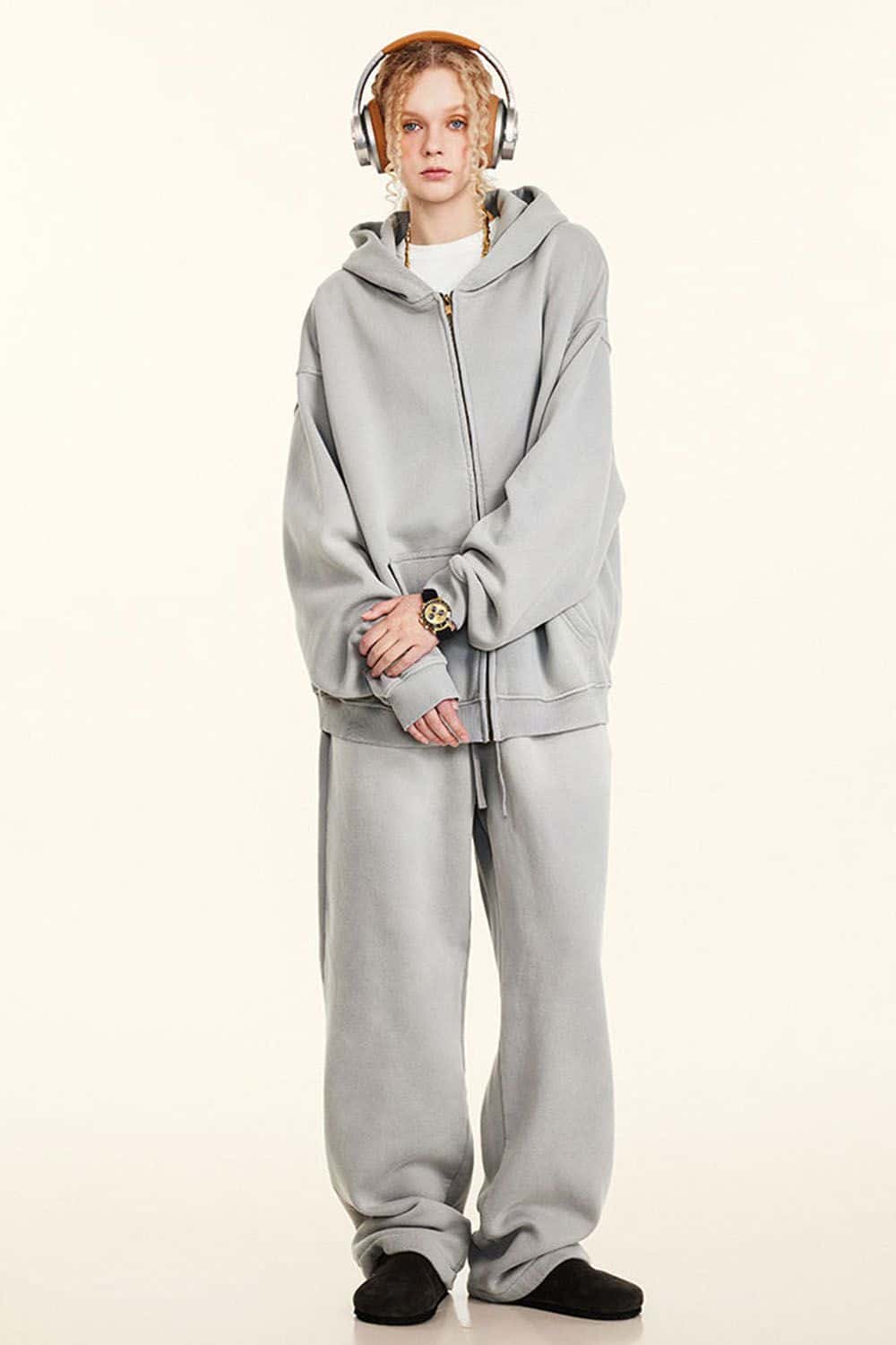 Distressed Fleece-Lined Zip-Up Hoodie