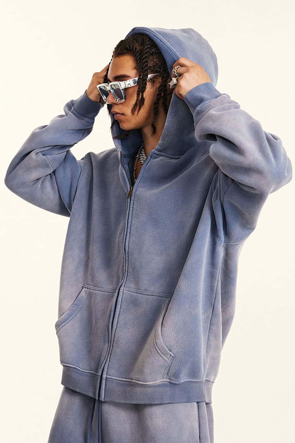 Distressed Fleece-Lined Zip-Up Hoodie