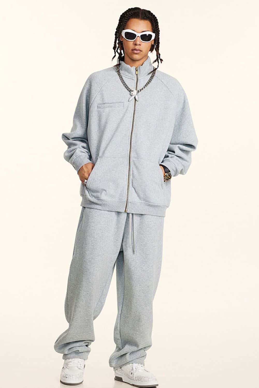 Light Gray Fleece-Lined Zip-Up Hoodie Jacket