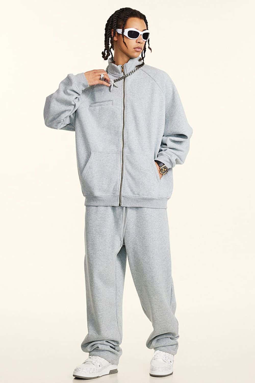 Light Gray Fleece-Lined Zip-Up Hoodie Jacket