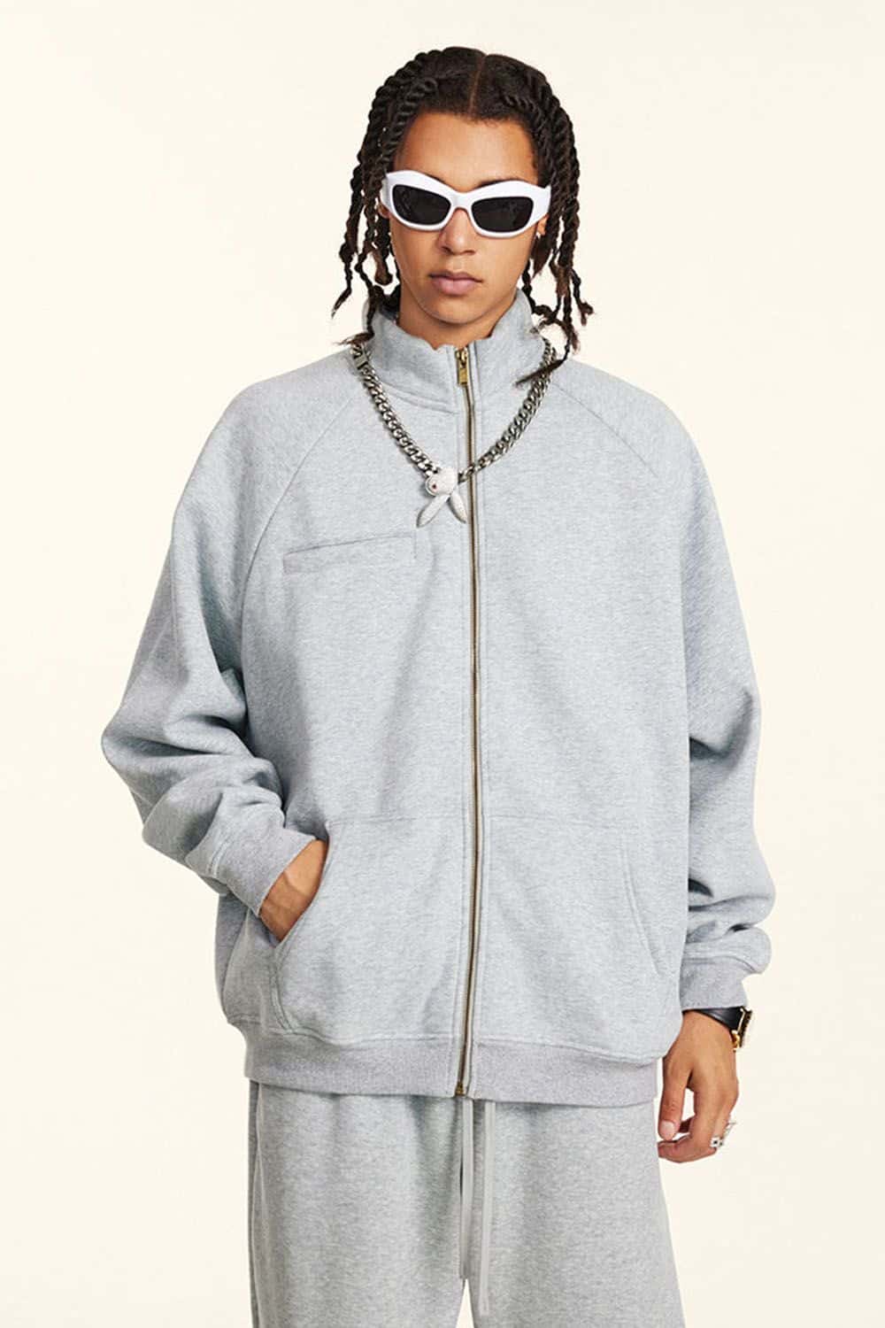 Light Gray Fleece-Lined Zip-Up Hoodie Jacket