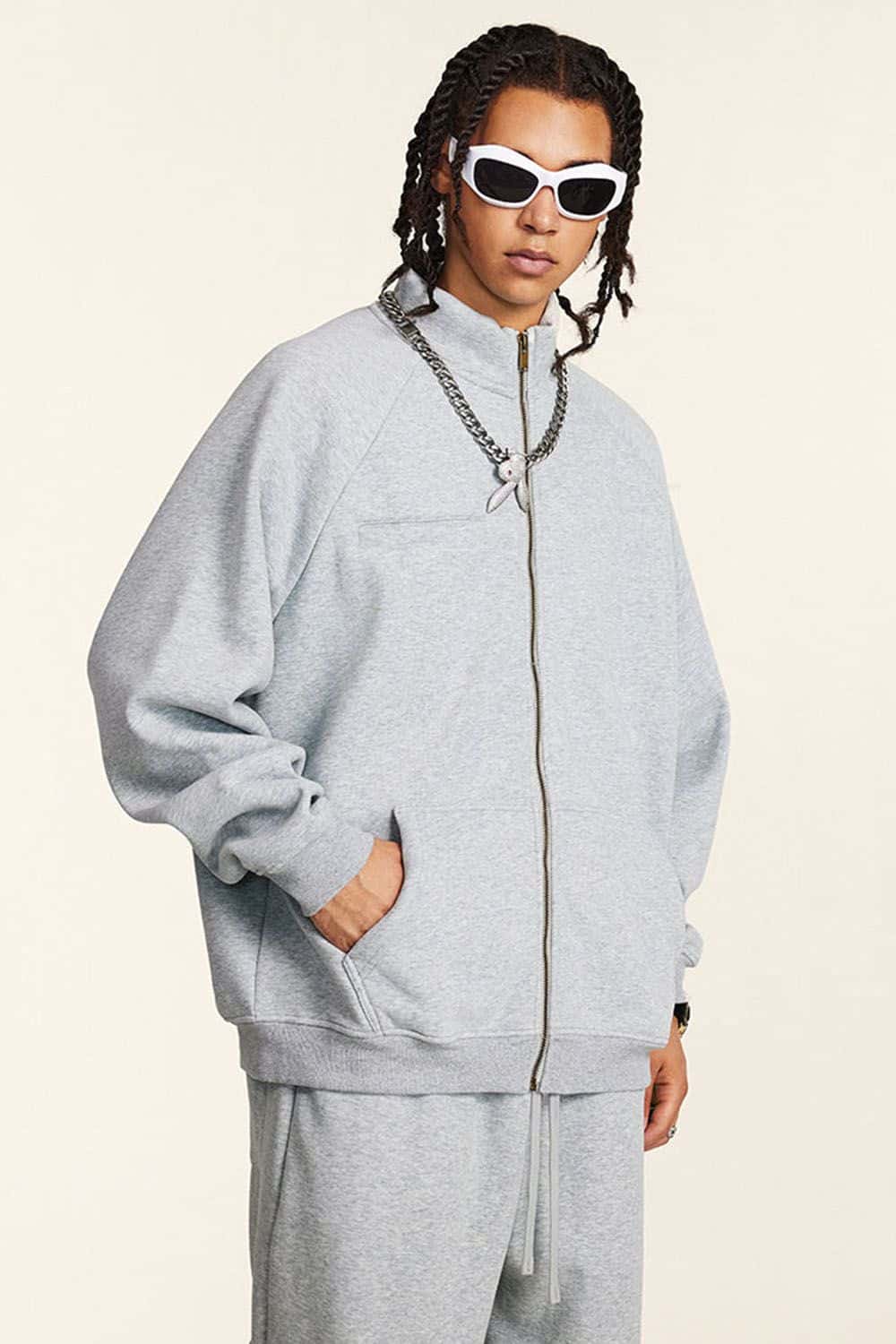 Light Gray Fleece-Lined Zip-Up Hoodie Jacket