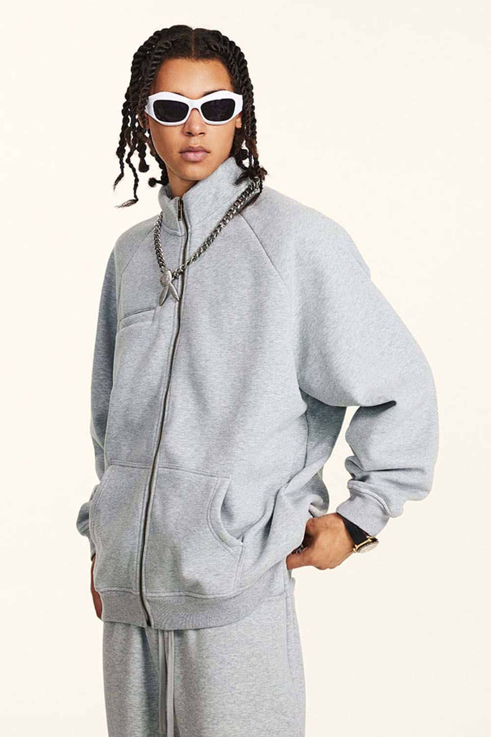 Light Gray Fleece-Lined Zip-Up Hoodie Jacket