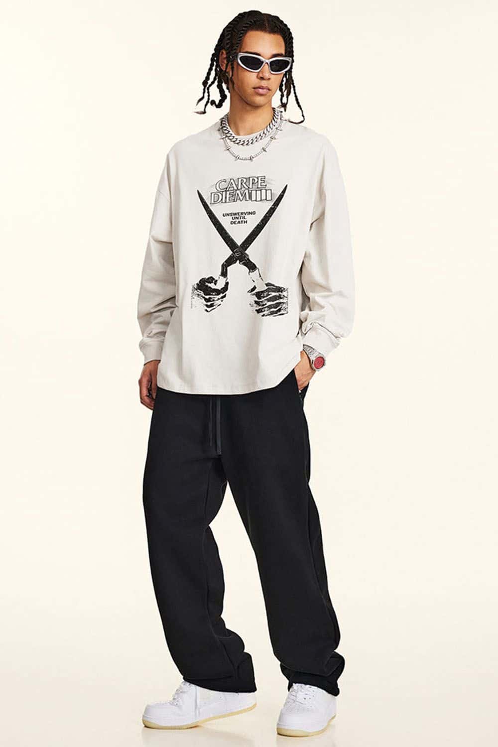 Rock Band Scissor Hands Graphic Water-Washed Long Sleeve T-Shirt