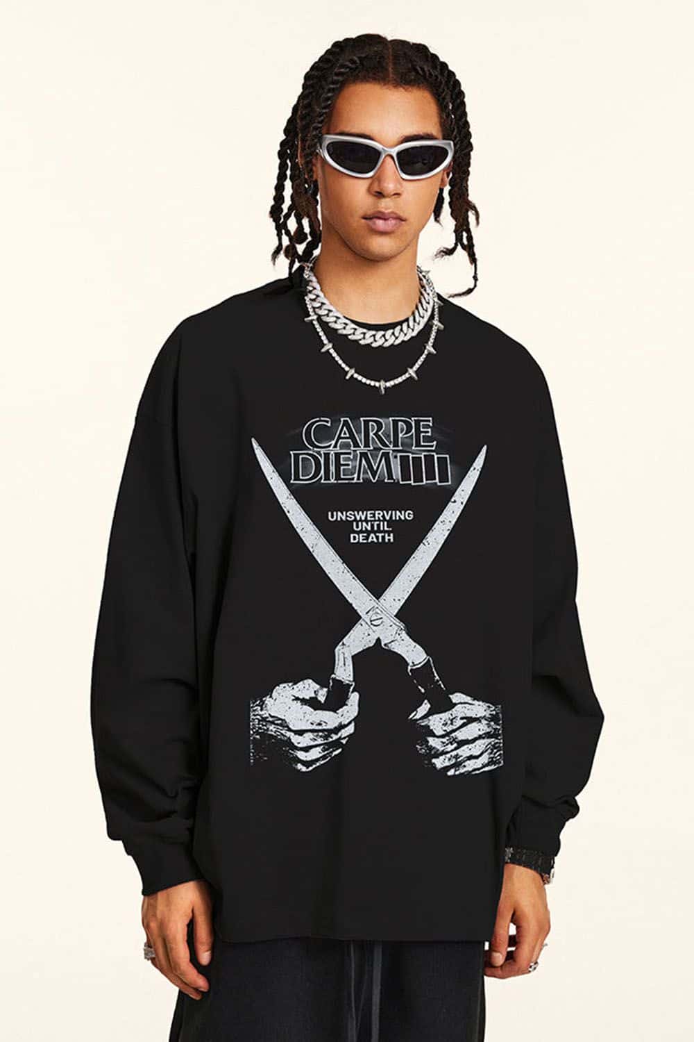 Rock Band Scissor Hands Graphic Water-Washed Long Sleeve T-Shirt