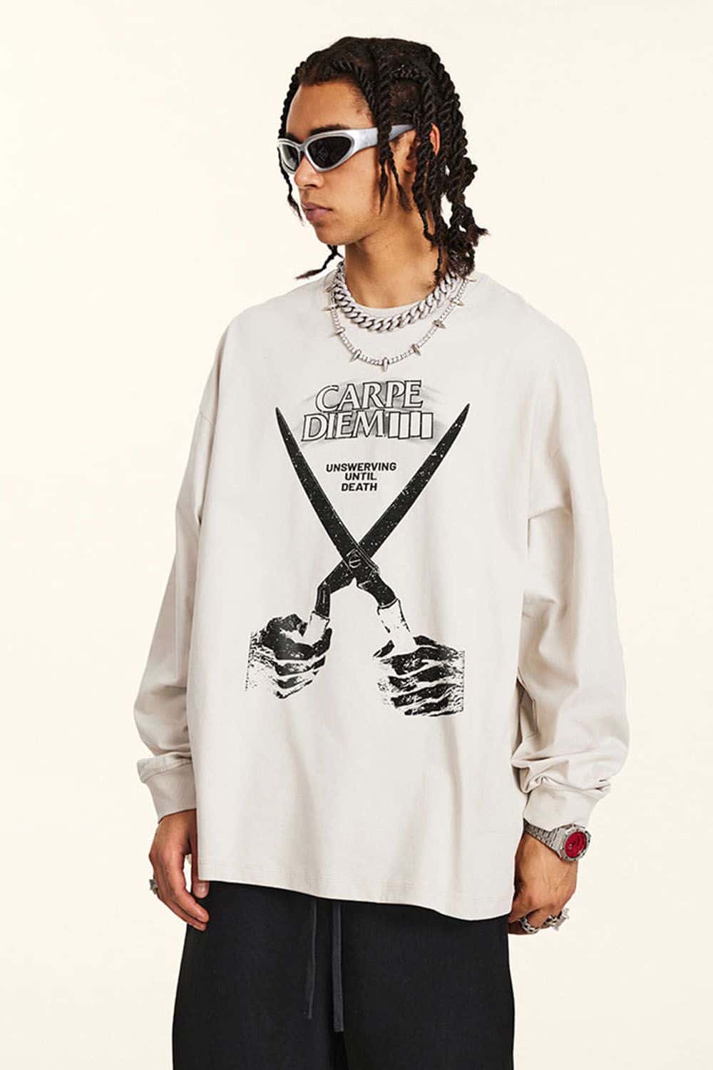 Rock Band Scissor Hands Graphic Water-Washed Long Sleeve T-Shirt
