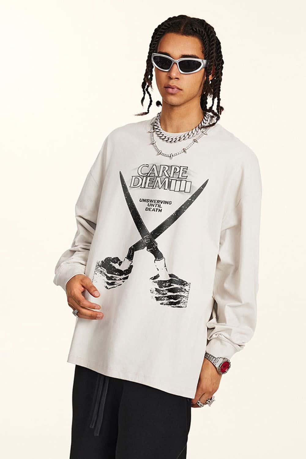 Rock Band Scissor Hands Graphic Water-Washed Long Sleeve T-Shirt