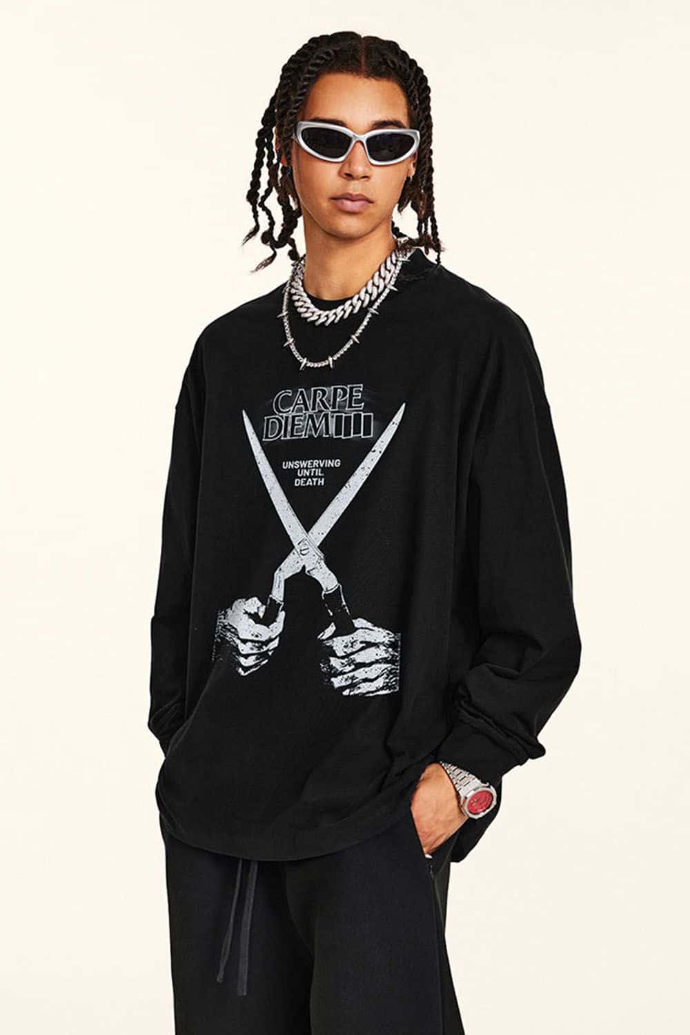 Rock Band Scissor Hands Graphic Water-Washed Long Sleeve T-Shirt