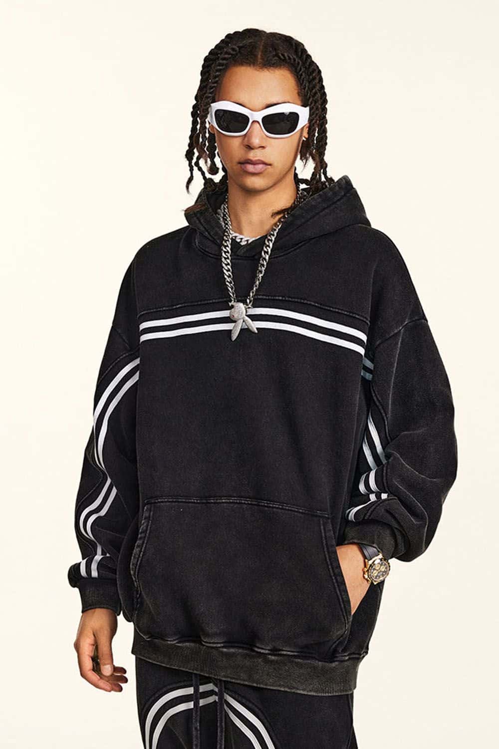 Vintage Washed Black Hoodie with White Stripes