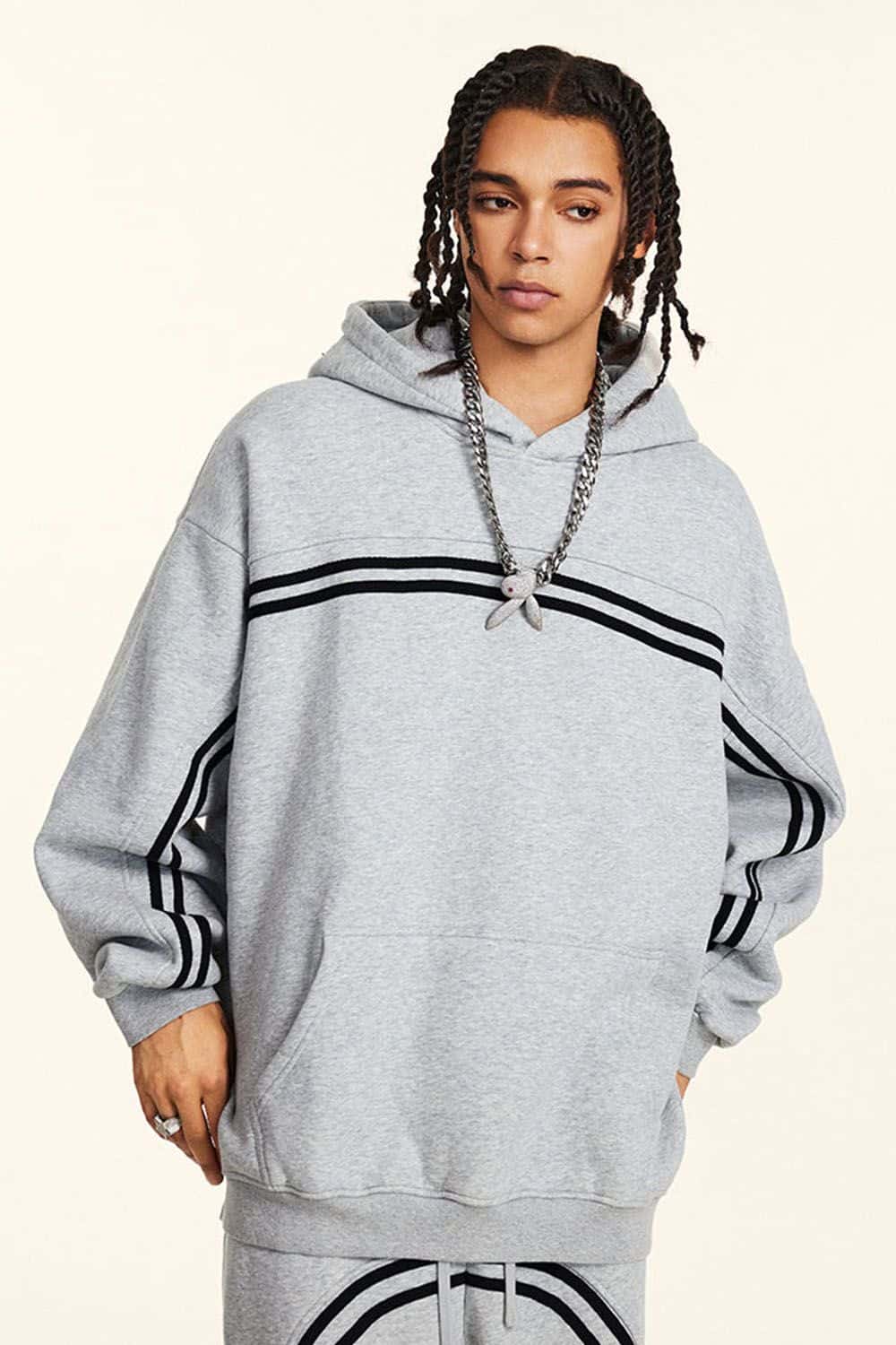 Vintage Washed Black Hoodie with White Stripes
