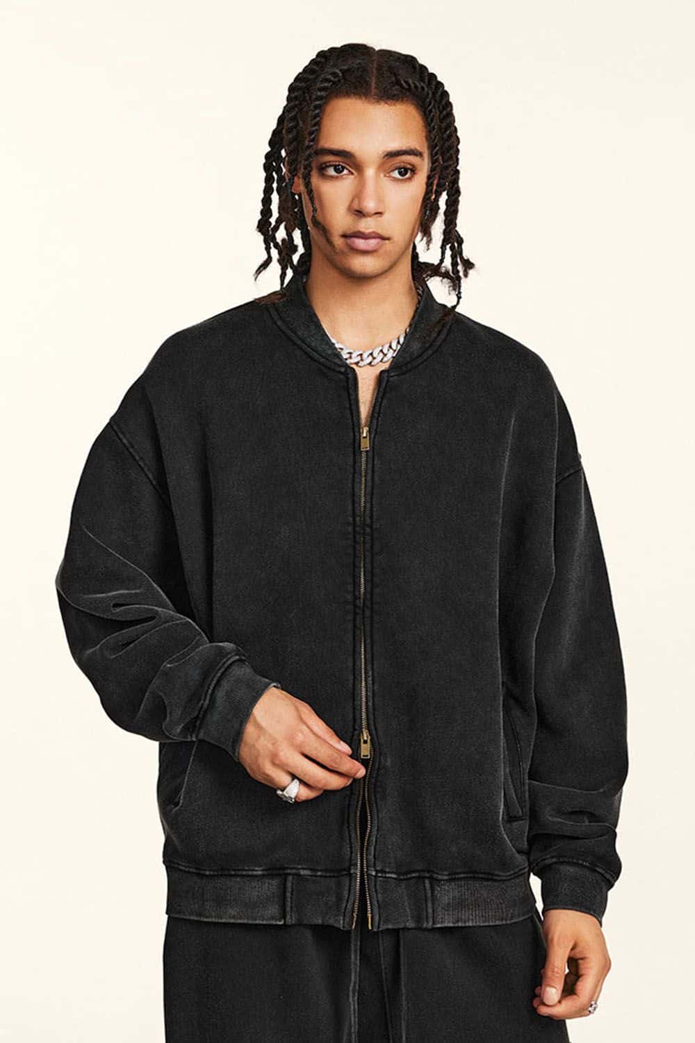 High Street Vintage Wash Fleece-Lined Zip-Up Hoodie