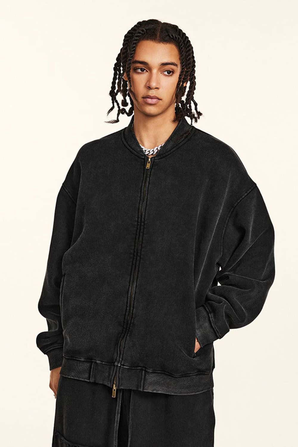 High Street Vintage Wash Fleece-Lined Zip-Up Hoodie