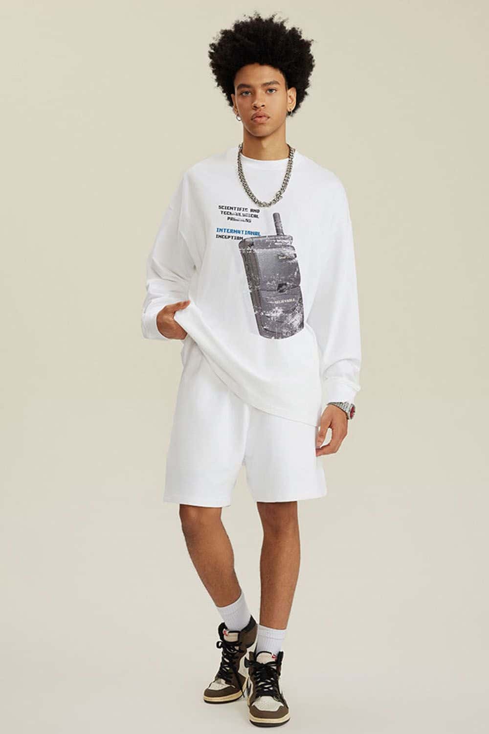 Loose Retro Flip Phone Print Long Sleeve T-Shirt