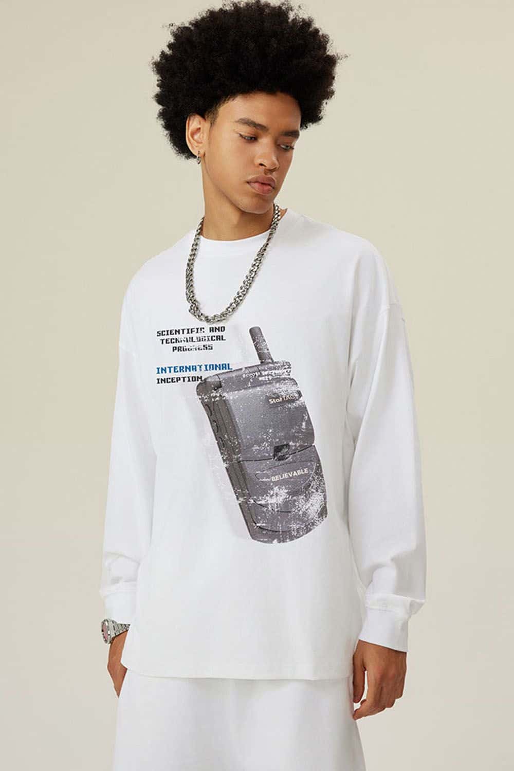 Loose Retro Flip Phone Print Long Sleeve T-Shirt