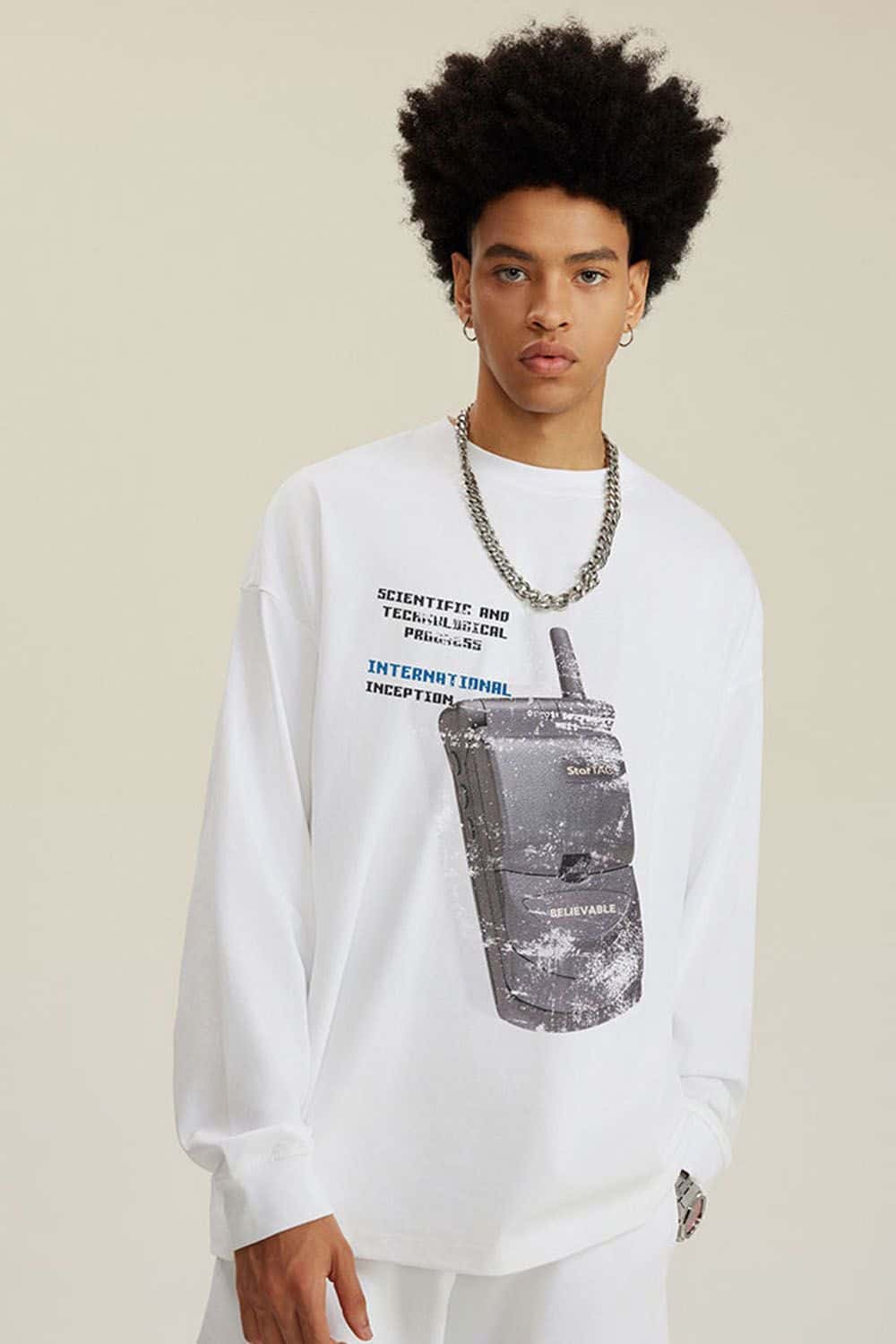 Loose Retro Flip Phone Print Long Sleeve T-Shirt