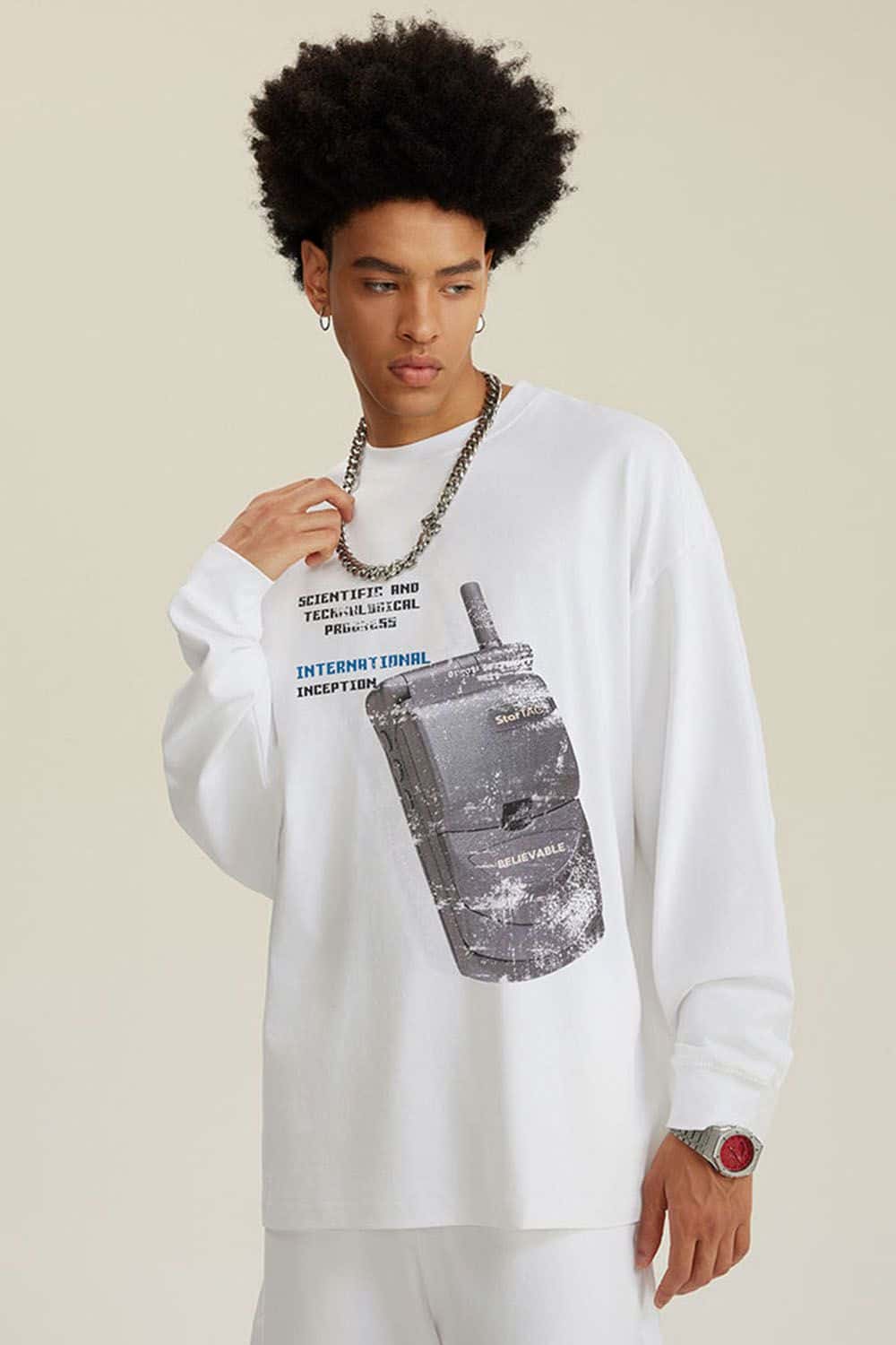 Loose Retro Flip Phone Print Long Sleeve T-Shirt