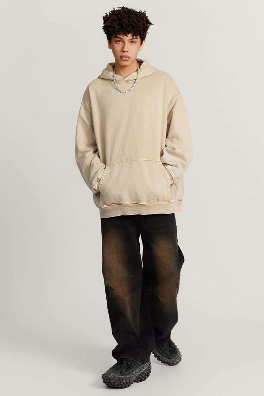 Loose Fit Distressed Wax-Dyed Heavyweight Hoodie