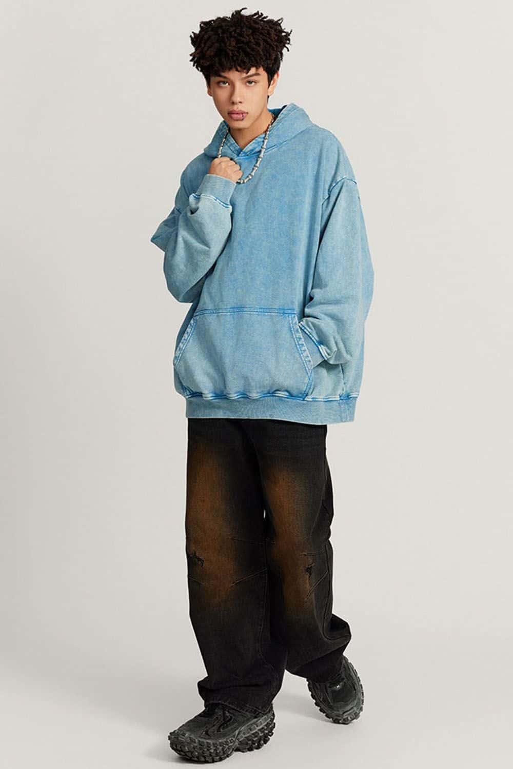 Loose Fit Distressed Wax-Dyed Heavyweight Hoodie
