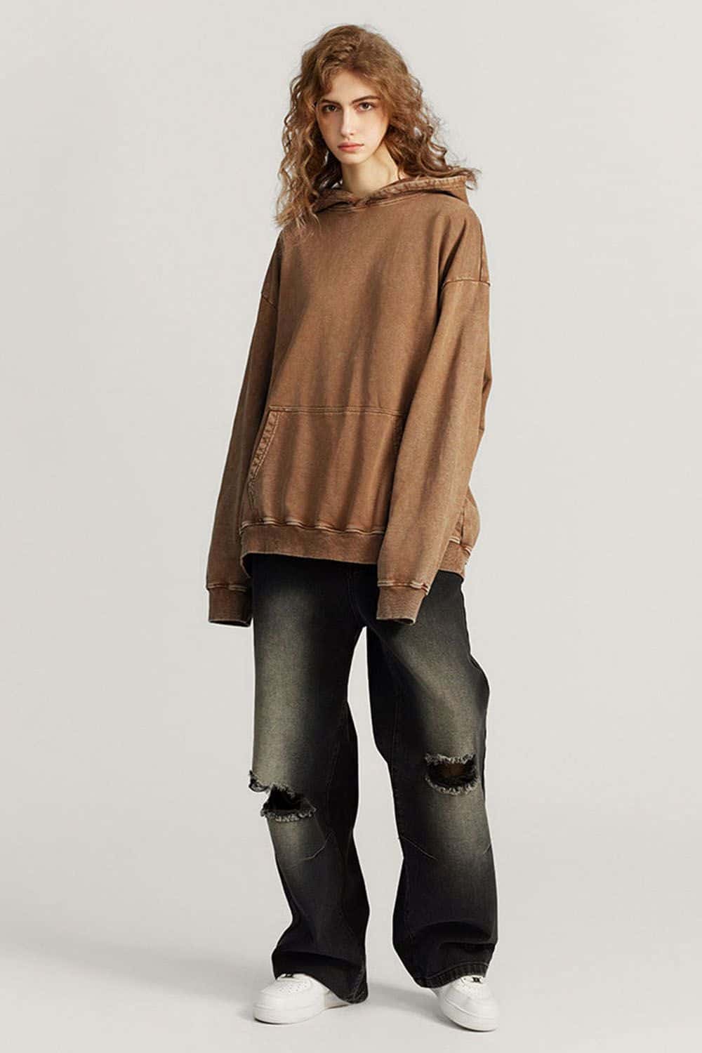 Loose Fit Distressed Wax-Dyed Heavyweight Hoodie