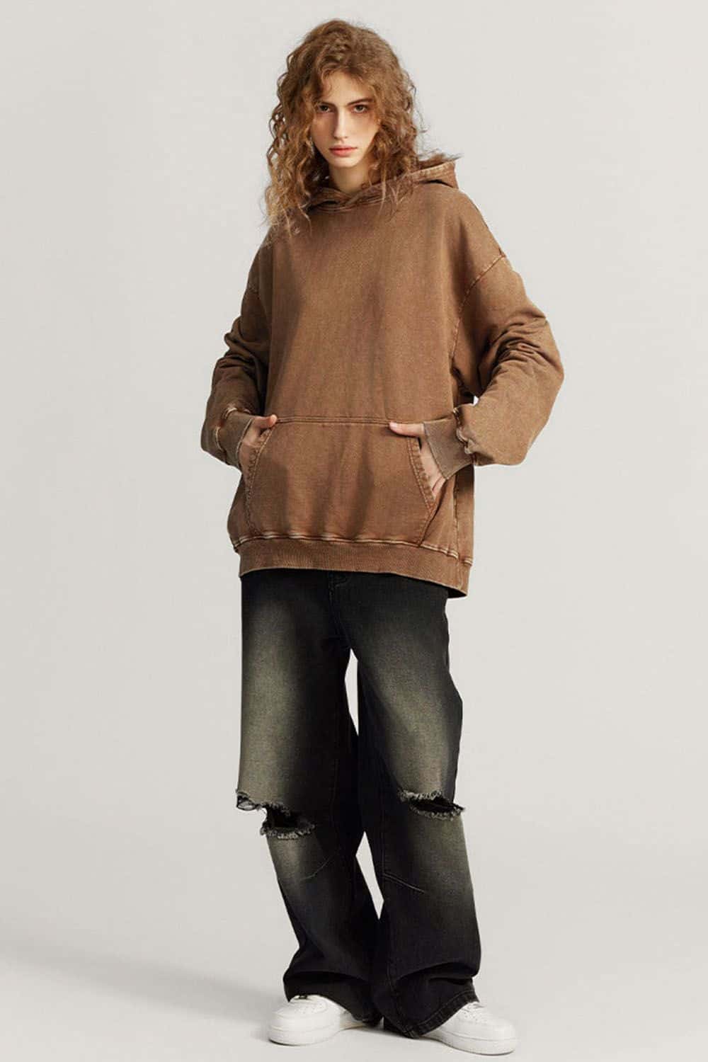 Loose Fit Distressed Wax-Dyed Heavyweight Hoodie