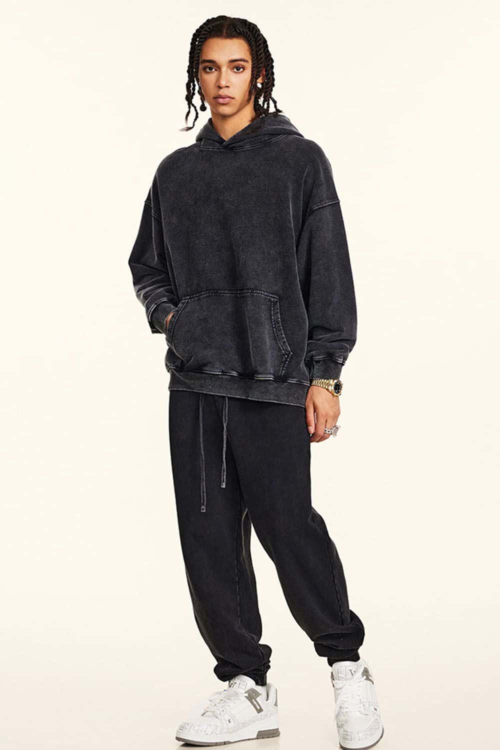 Loose Fit Distressed Wax-Dyed Heavyweight Hoodie