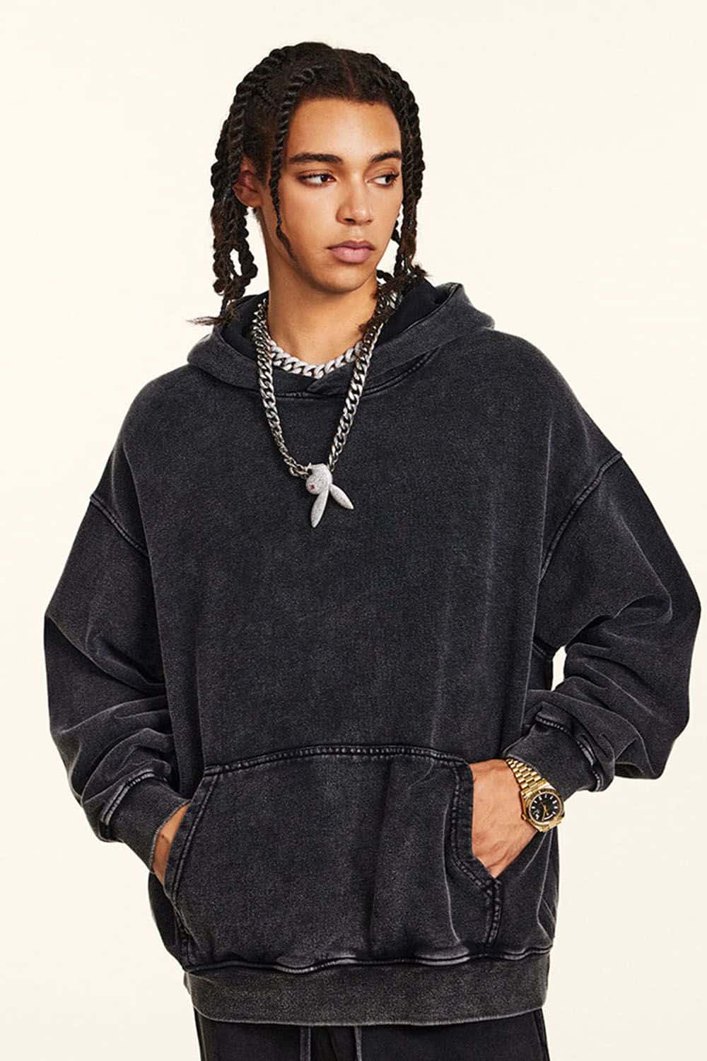 Loose Fit Distressed Wax-Dyed Heavyweight Hoodie